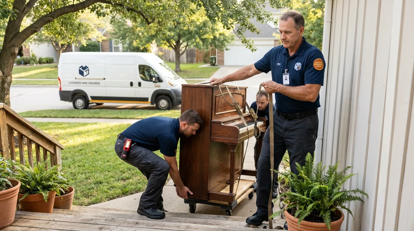 Licensed piano movers securing grand piano in Greensburg, KS