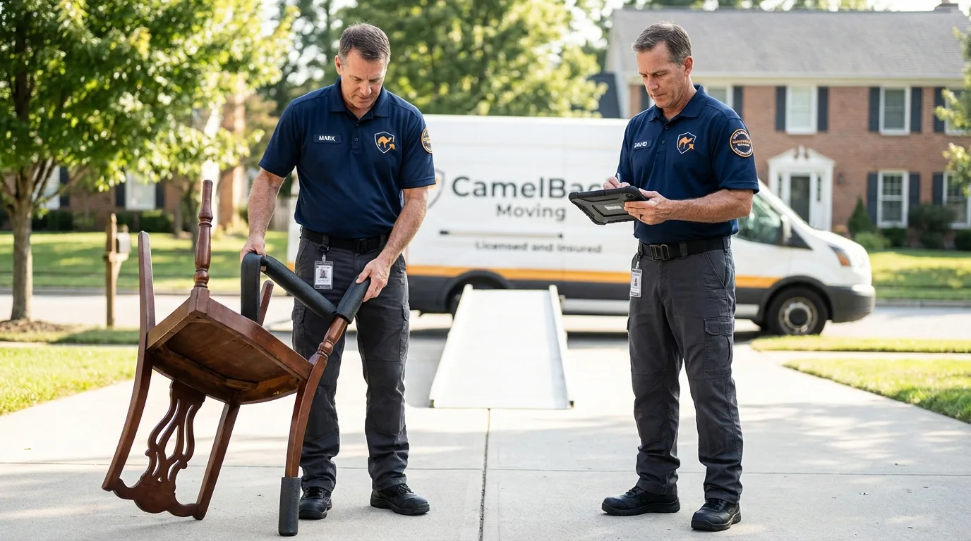 Movers inspecting furniture for damage prevention before loading in Greensburg, KS
