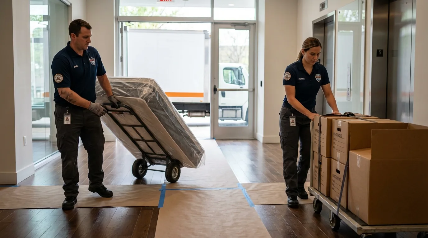 Professional apartment movers loading elevator in Greensburg, KS