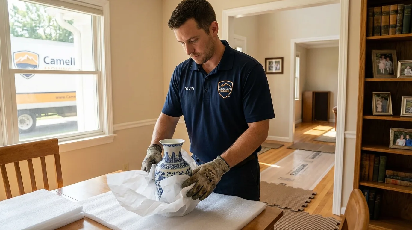 Professional crew carefully wrapping antique vase for senior downsizing move in Greensburg, KS